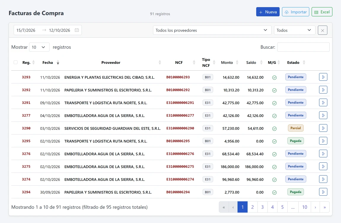 Facturas de compra con NCF, monto, saldo y estado