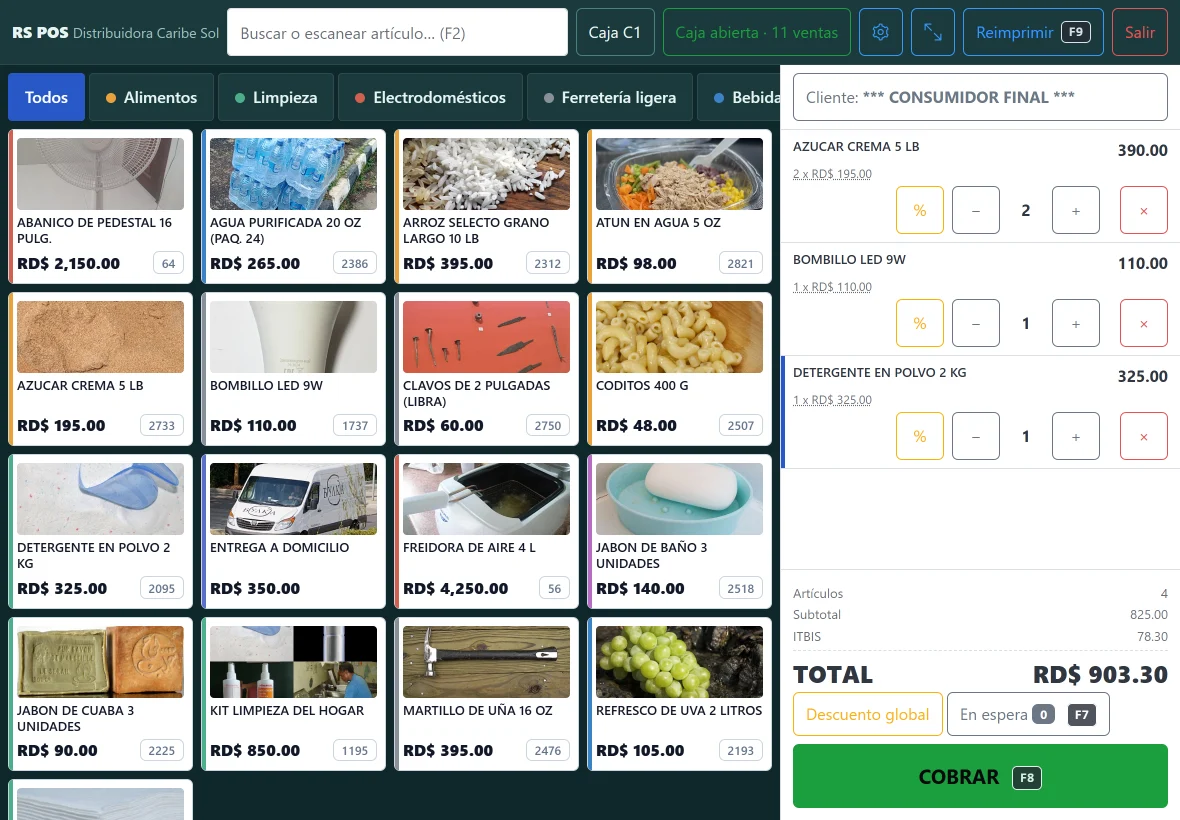 RS POS en una tablet con el catálogo por categorías y una venta en curso