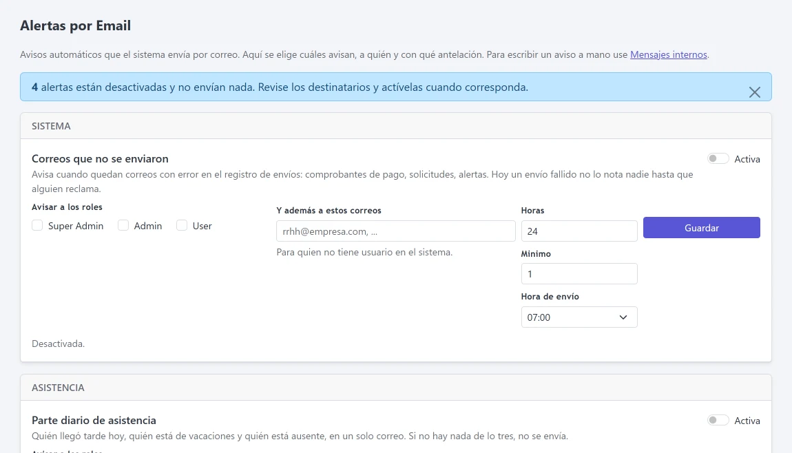 Configuración de alertas por correo