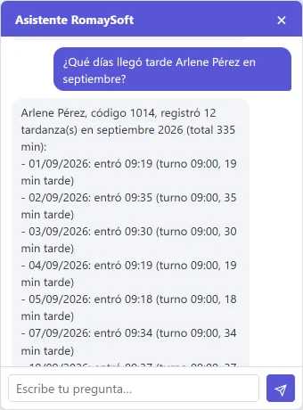 El asistente responde las tardanzas de una empleada en septiembre, día por día
