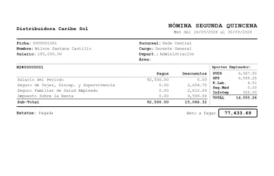 Comprobante de pago de un empleado en esa misma nómina: salario, seguridad social, ISR y neto a pagar de 77,433.69