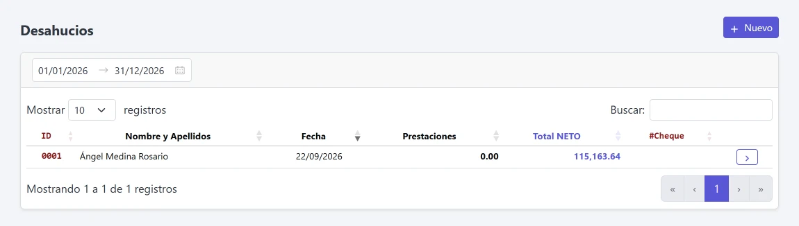 Listado de desahucios con el total neto de prestaciones