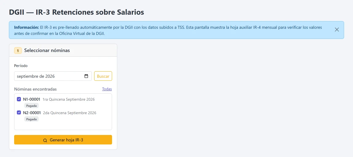 Pantalla del IR-3 con la hoja auxiliar para verificar las retenciones