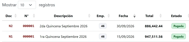Listado de nóminas con su estado: autorizada o pagada