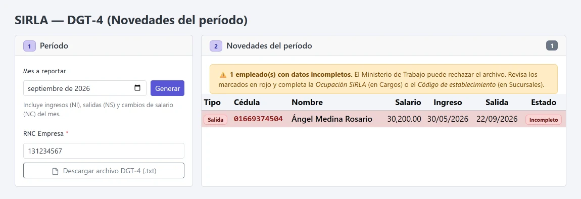 DGT-4 con las novedades del período y aviso de datos incompletos