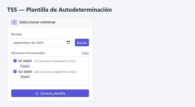 Plantilla de Autodeterminación de la TSS: selección del período y de las nóminas