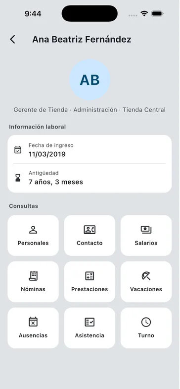 RS MiDesk: ficha de una empleada con su información laboral y consultas